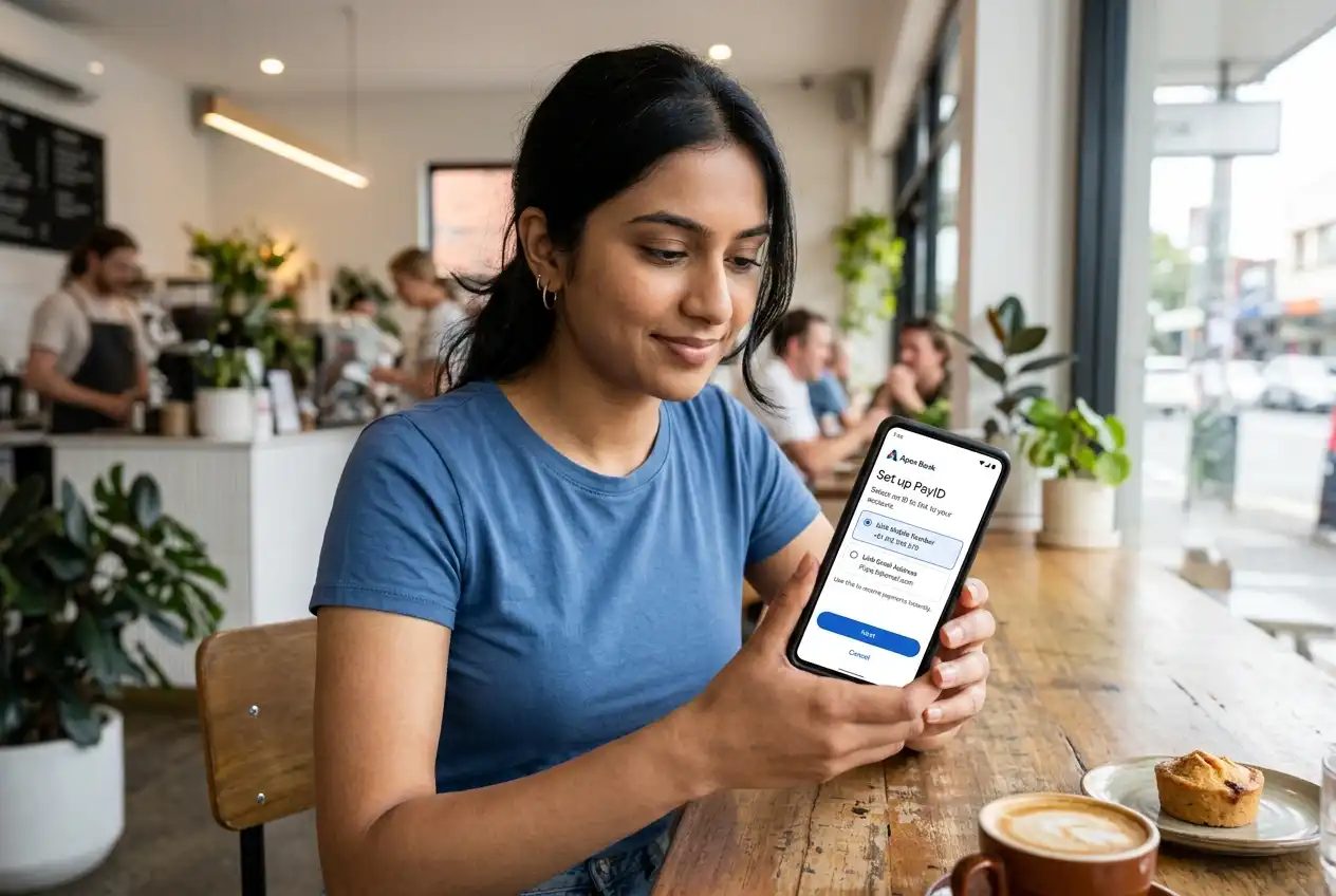 Banking app screen showing PayID registration linked to a phone number or email address