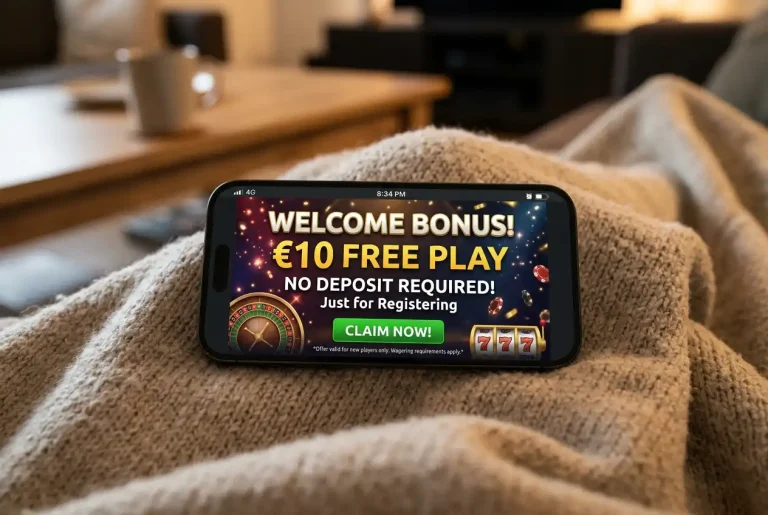 Casino free play bonus offer displayed on a phone screen without requiring a deposit