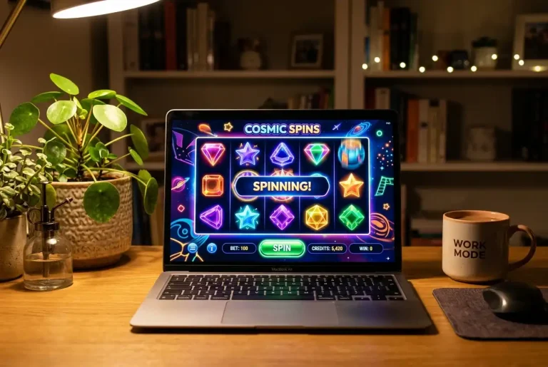 Vibrant online slot machine display with spinning reels and a PayID deposit balance shown
