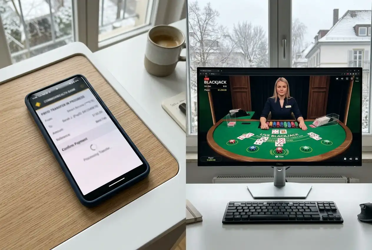 Split view of a banking app PayID transfer and a live casino game running simultaneously