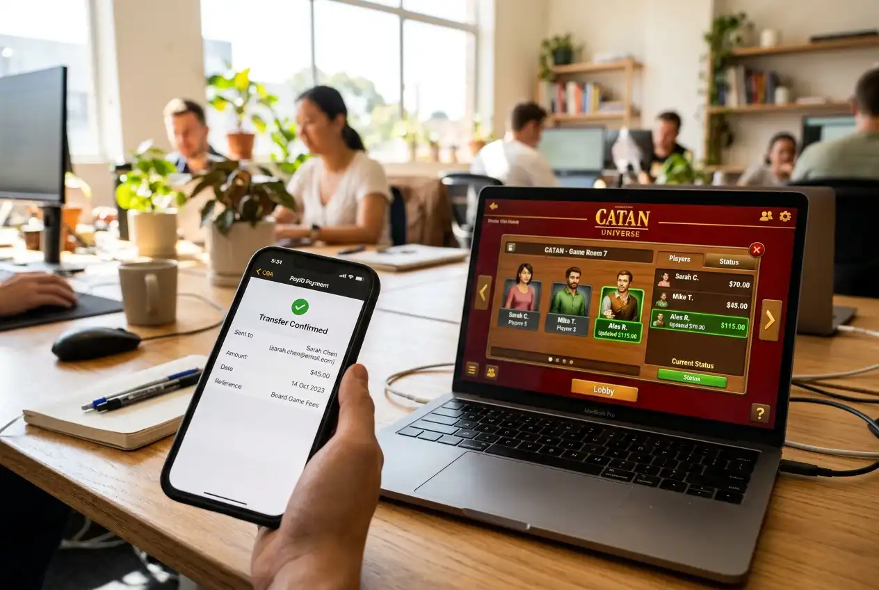 Banking app PayID confirmation beside an open table game lobby ready for play