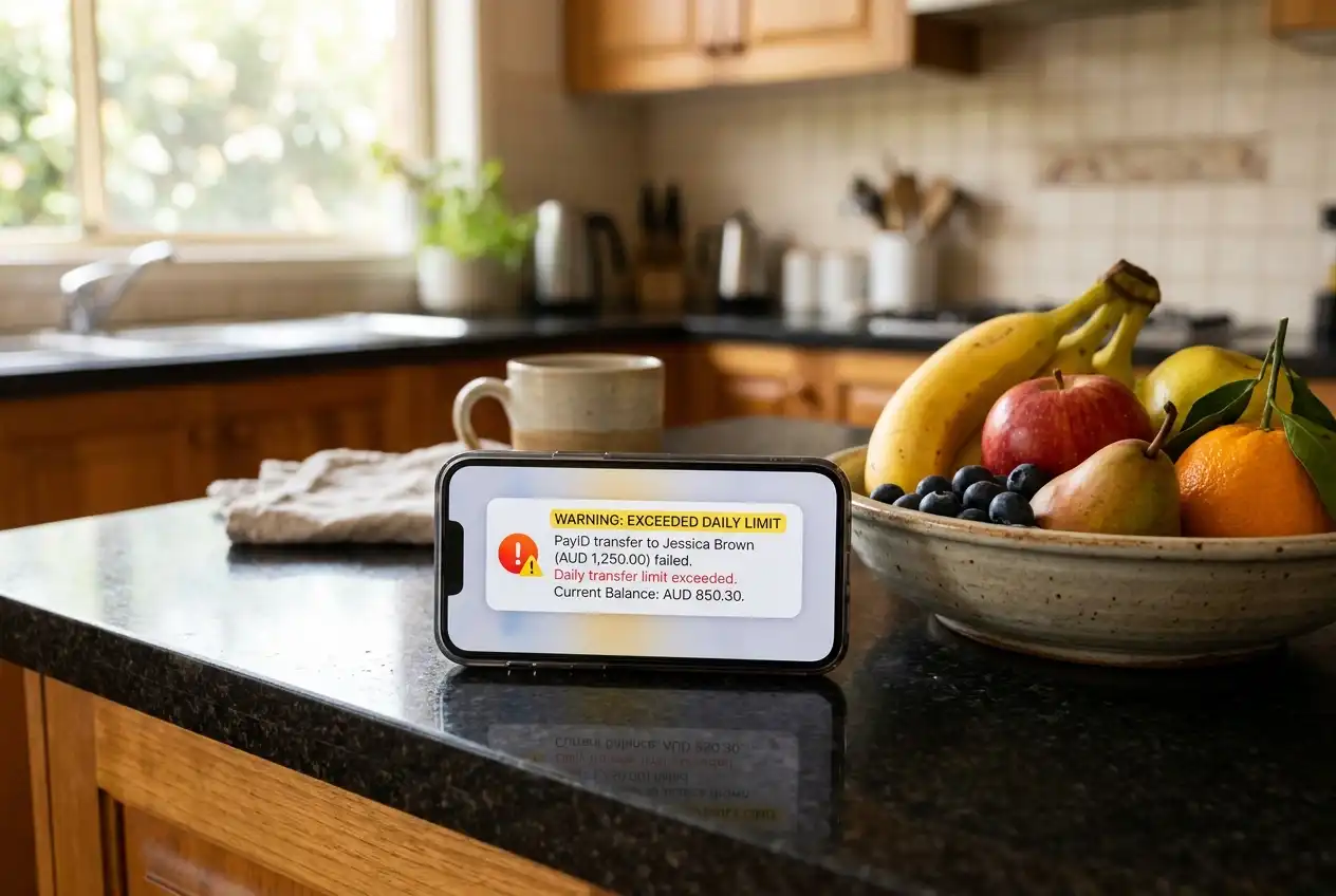 Push notification warning that a PayID transfer exceeds the current daily limit