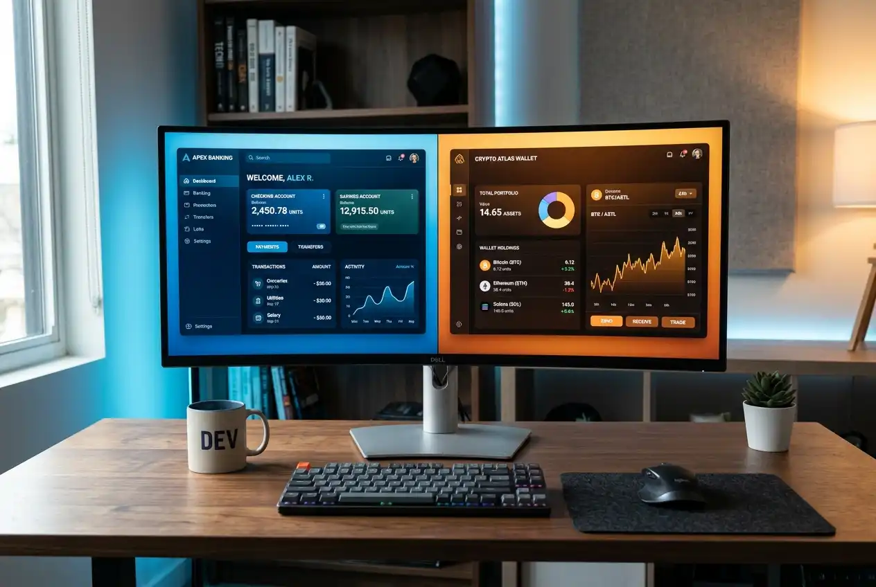 Split screen showing a banking app PayID transfer and a cryptocurrency wallet side by side