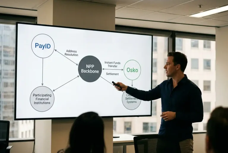 Split illustration showing PayID and Osko branding connected through Australia's NPP network