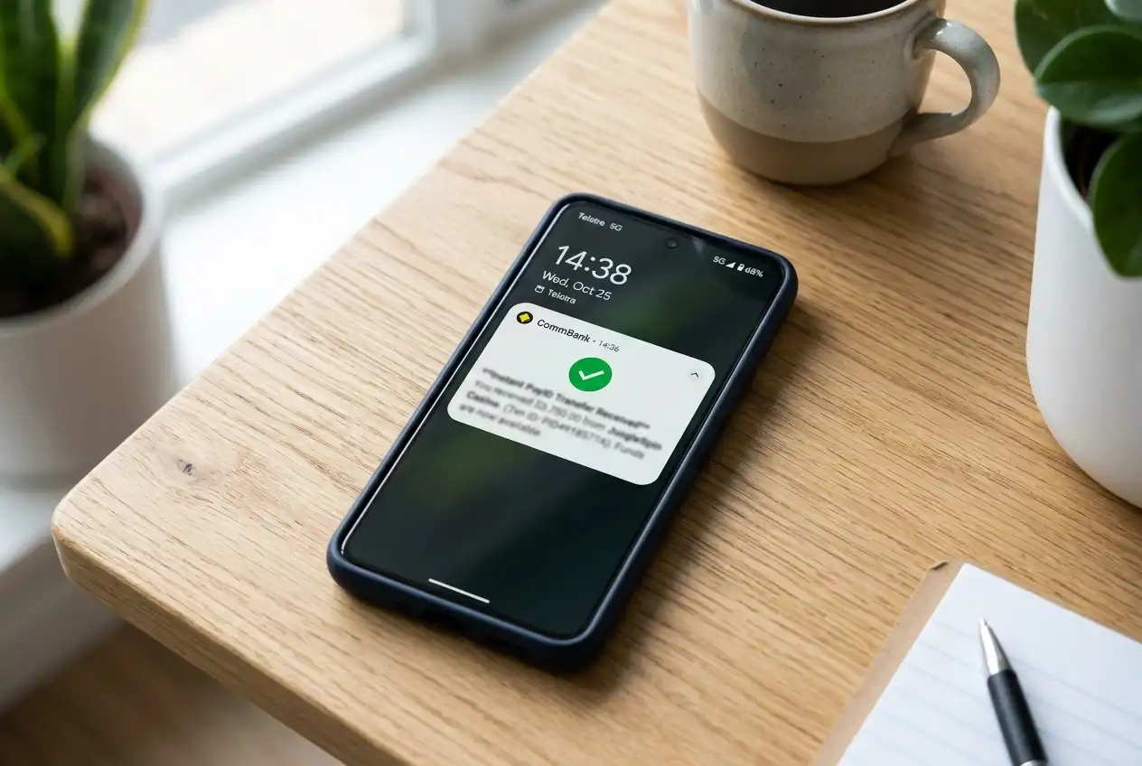 Banking app notification confirming receipt of a same-day PayID casino withdrawal