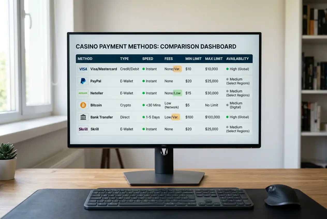 Side-by-side comparison of deposit and withdrawal features across different payment methods