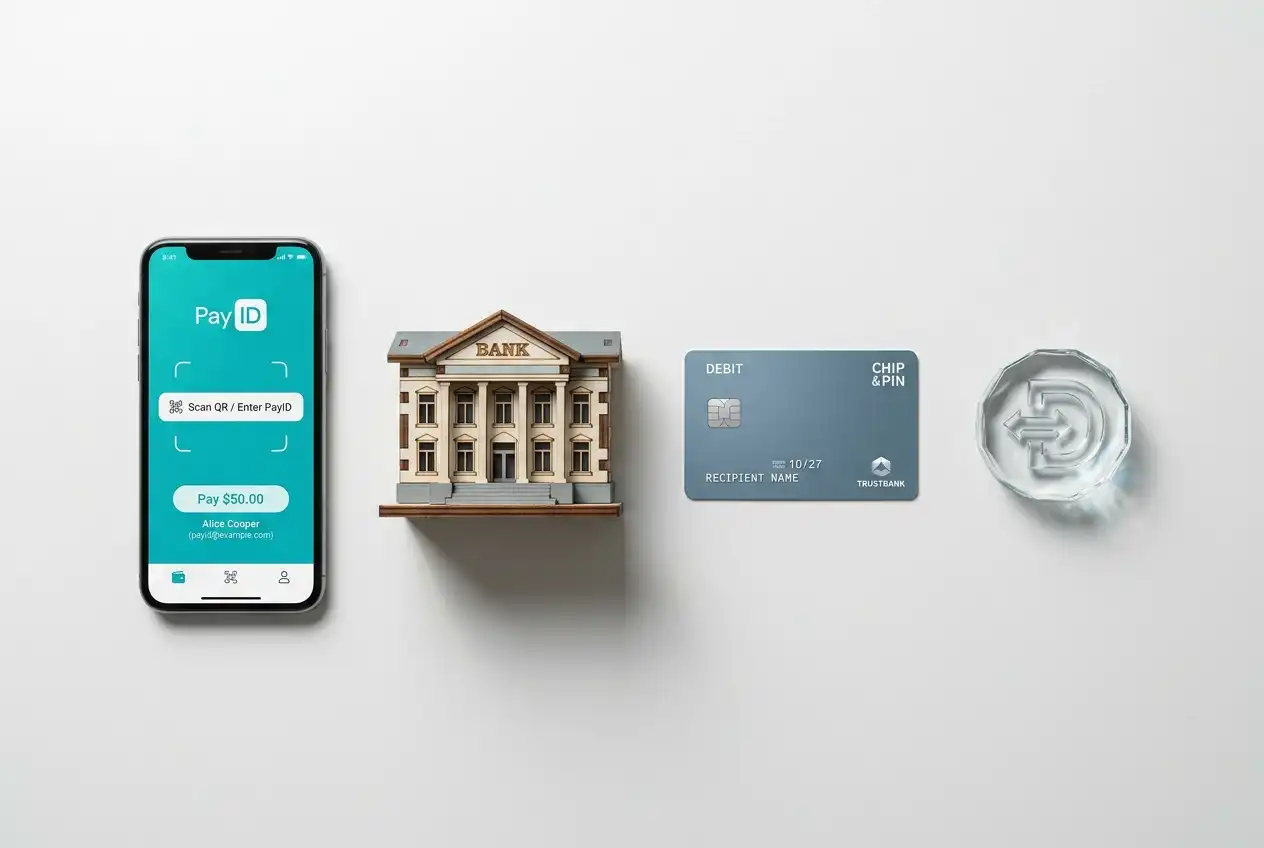 Visual comparison of deposit speed and fees across PayID, bank transfer, debit card, and cryptocurrency