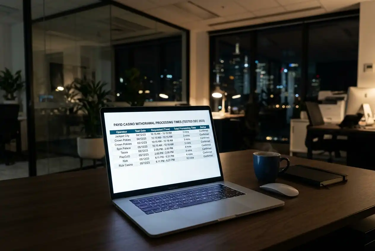 Clean table showing tested withdrawal times across different PayID casino operators