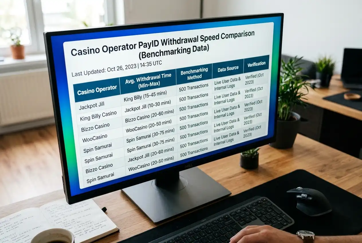 Clean comparison table showing tested PayID withdrawal speeds across multiple casino sites