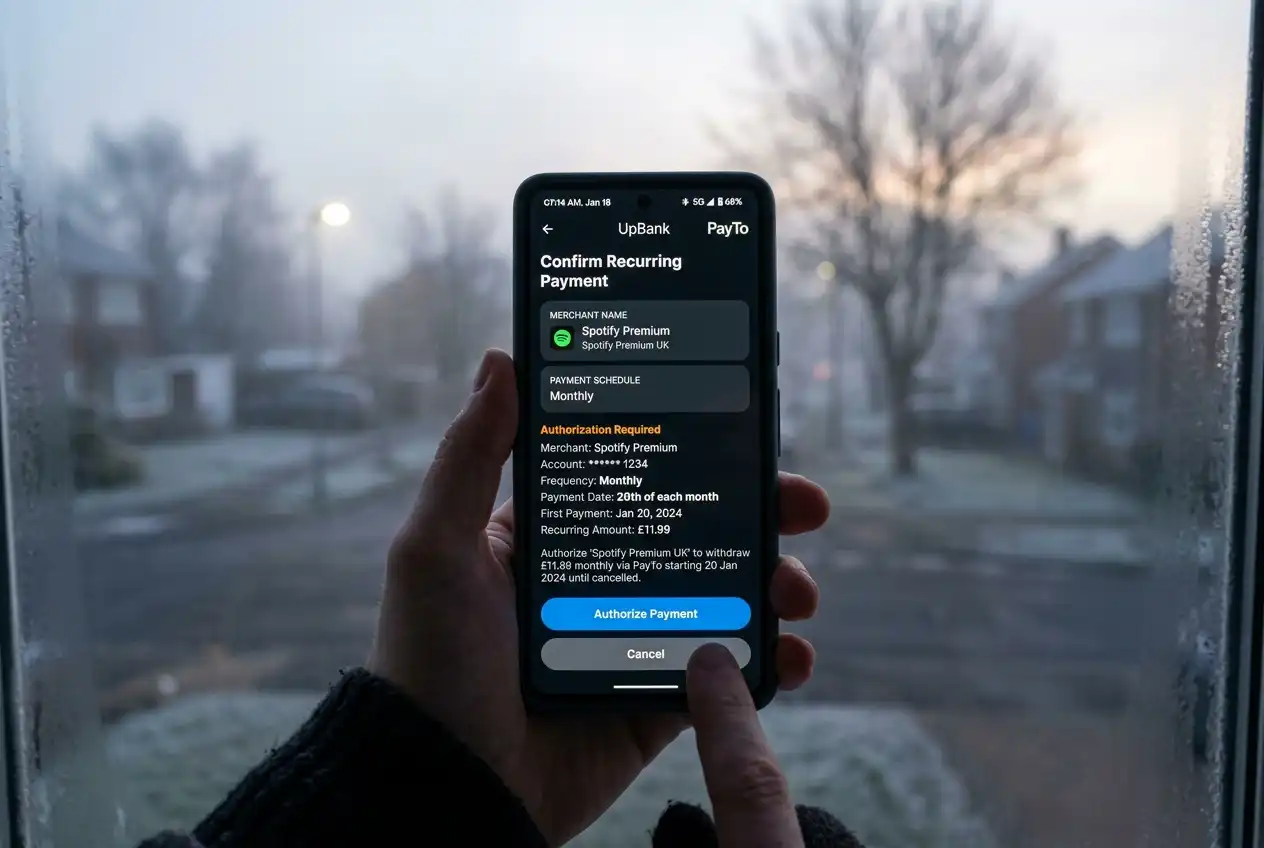 Conceptual display of PayTo recurring payment authorisation on a banking app interface