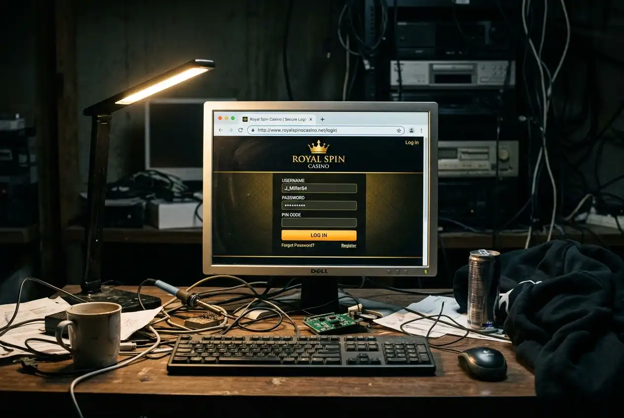Fake casino login page designed to steal credentials shown on a computer monitor