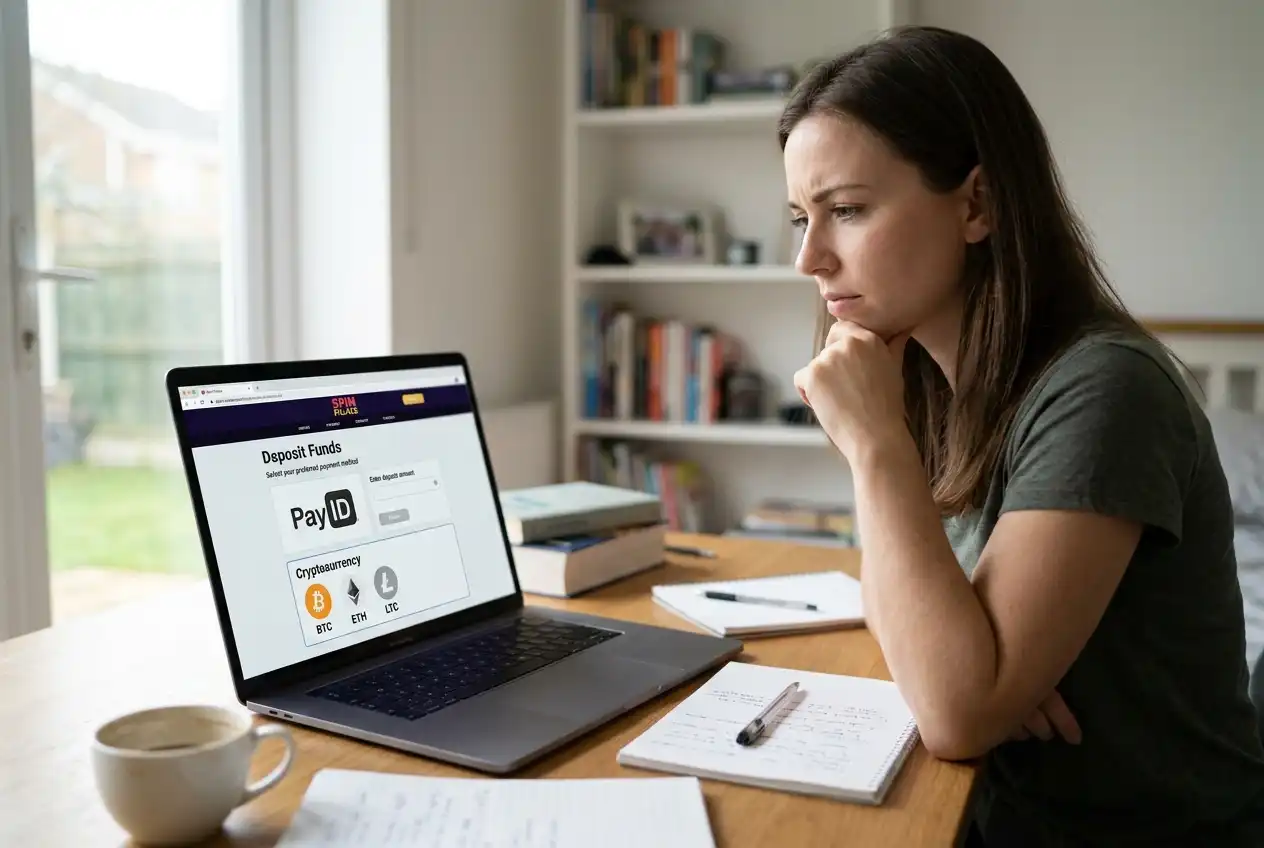 Person at a desk comparing payment method options on a casino deposit page