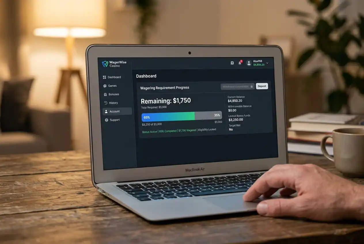 Casino account dashboard showing remaining wagering requirement before withdrawal eligibility