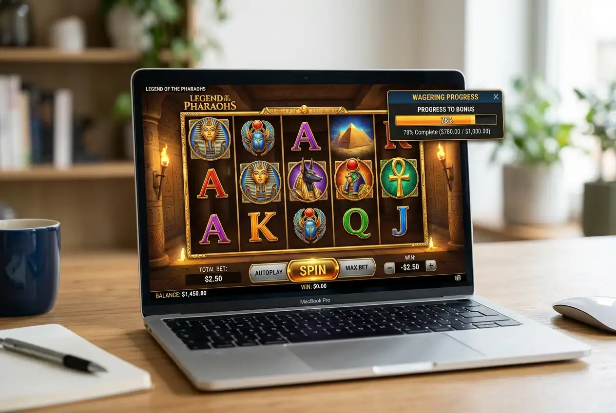 Online slot game interface with a bonus wagering tracker visible in the corner