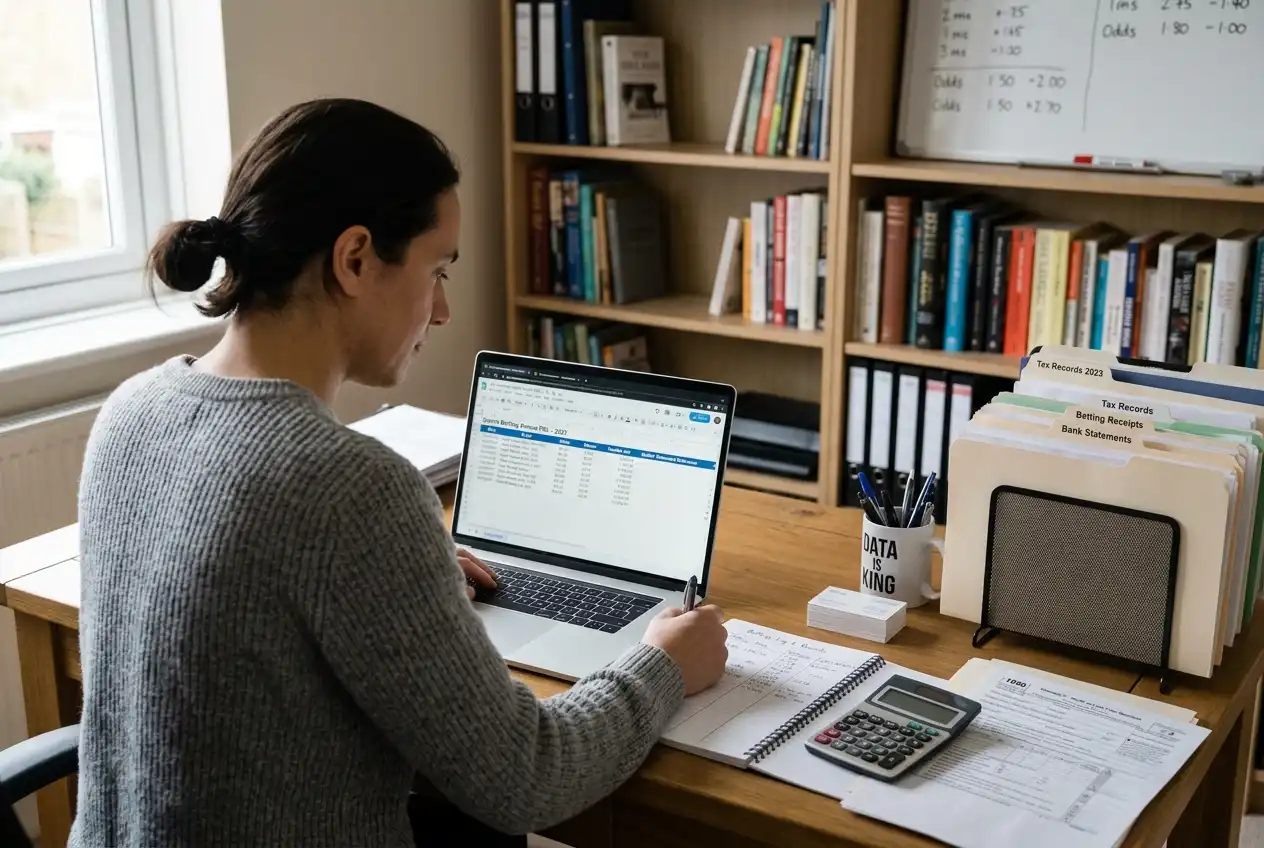 Person at a desk with financial records indicating systematic professional gambling activity
