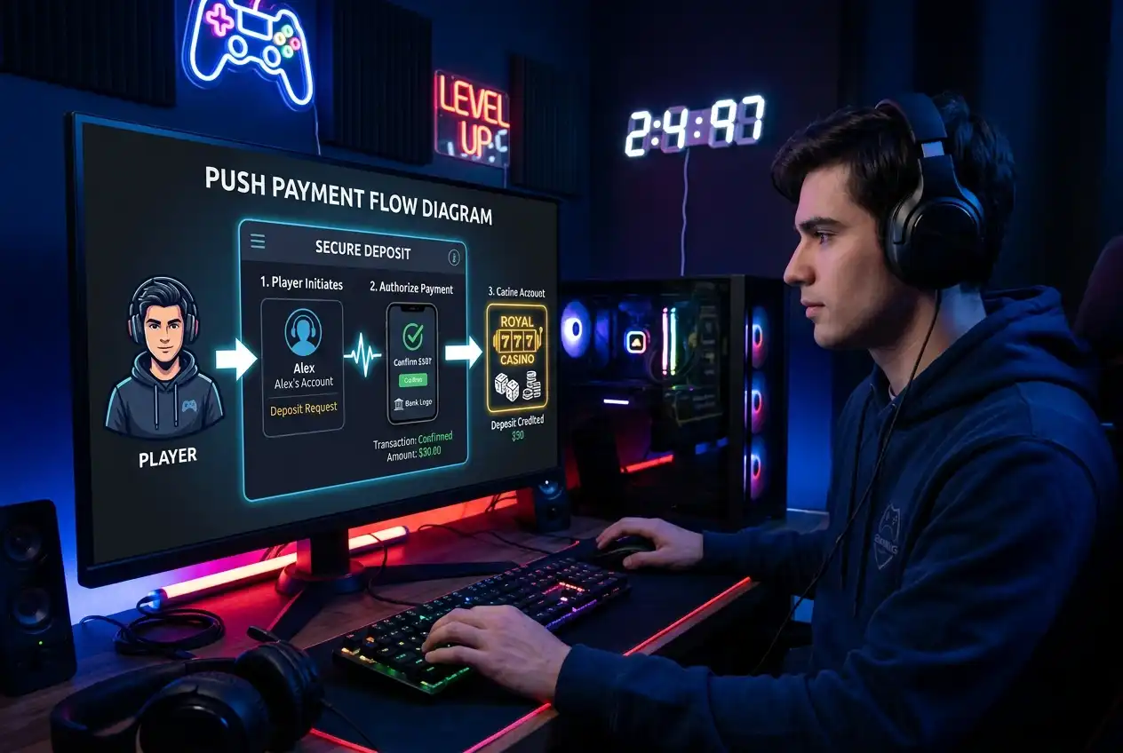 Diagram showing push payment flow where the sender initiates and controls the transaction