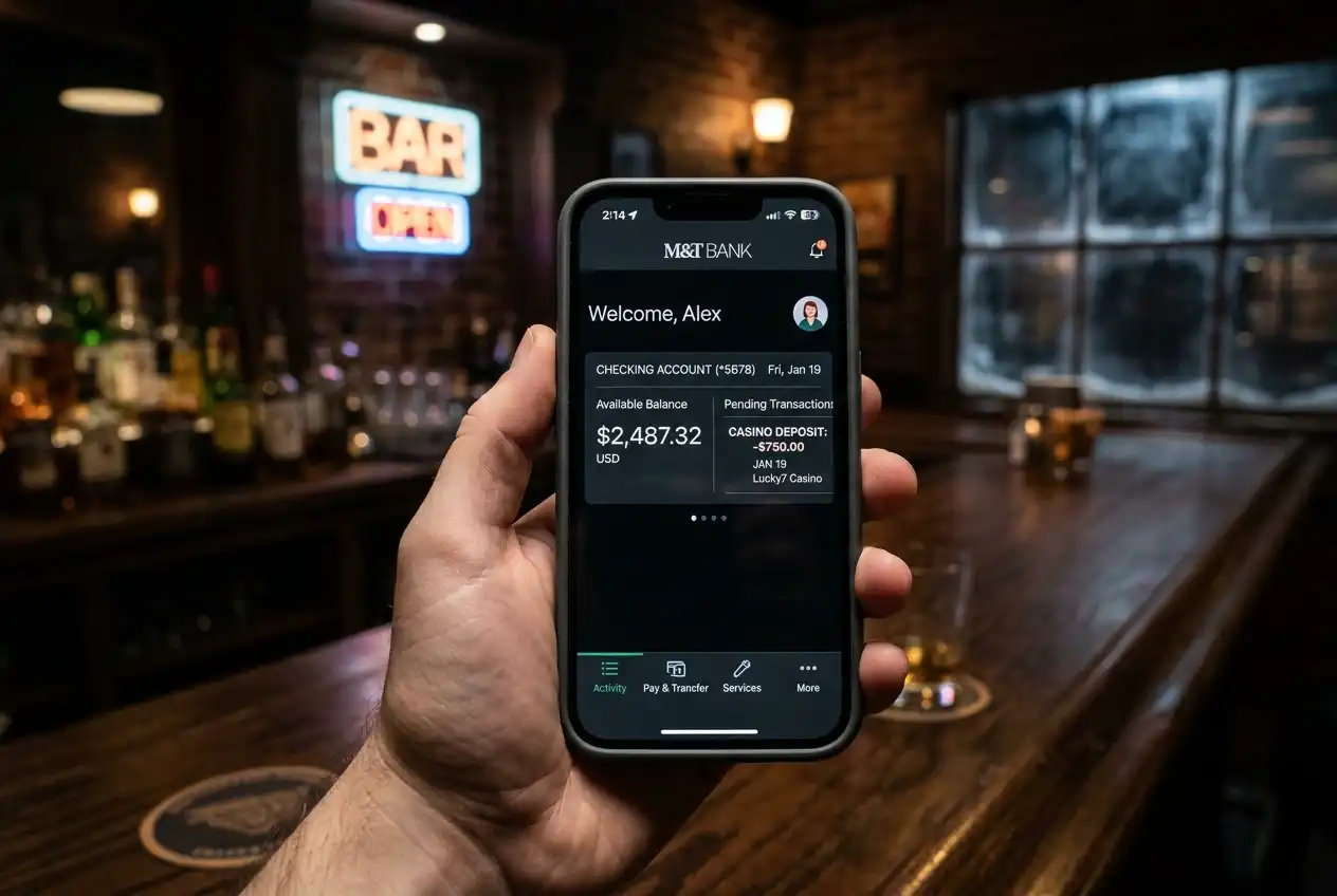Banking app showing real-time balance verification before authorising a casino deposit