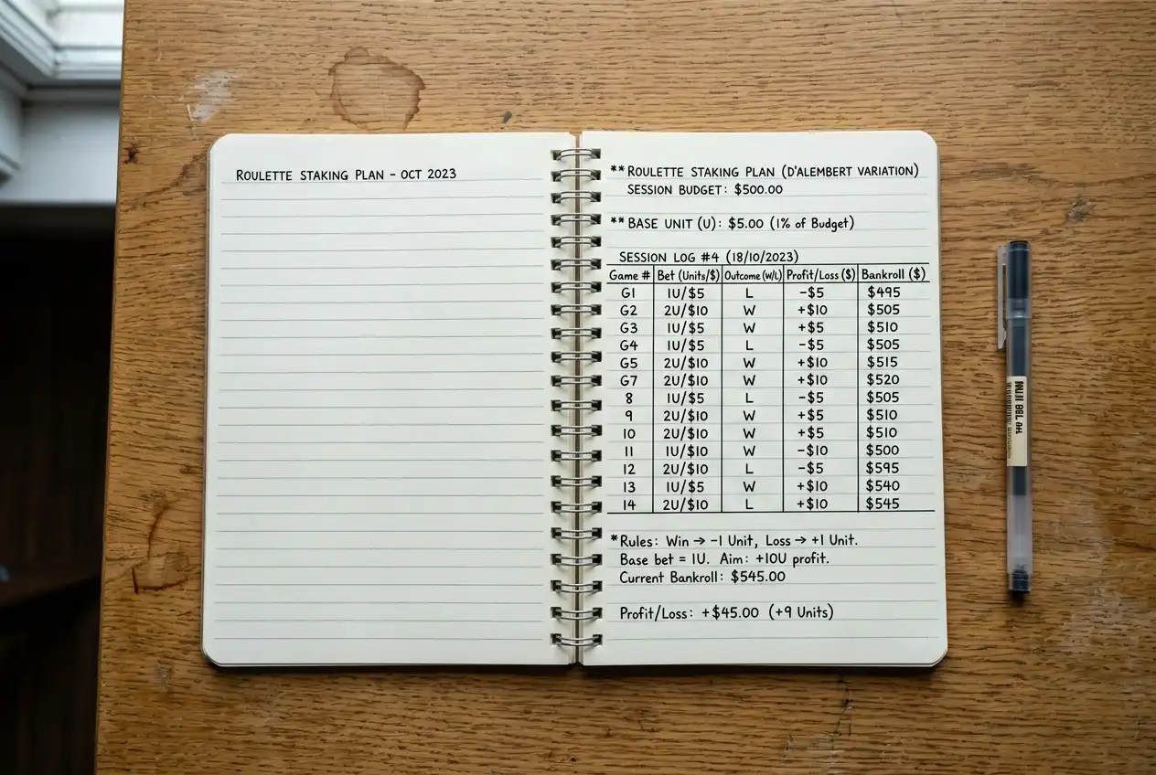 Notebook showing a structured roulette staking plan with unit calculations written out