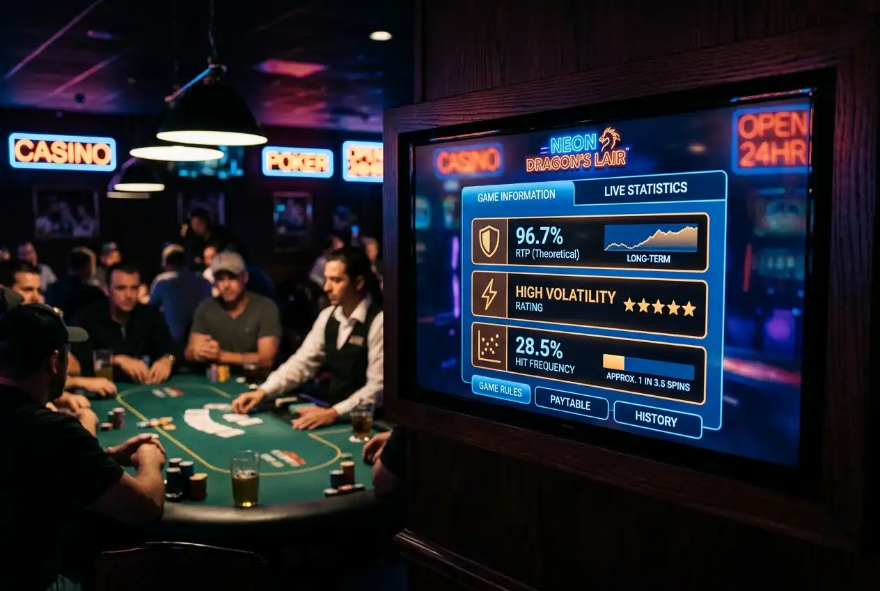 Casino game information panel showing RTP percentage and volatility rating