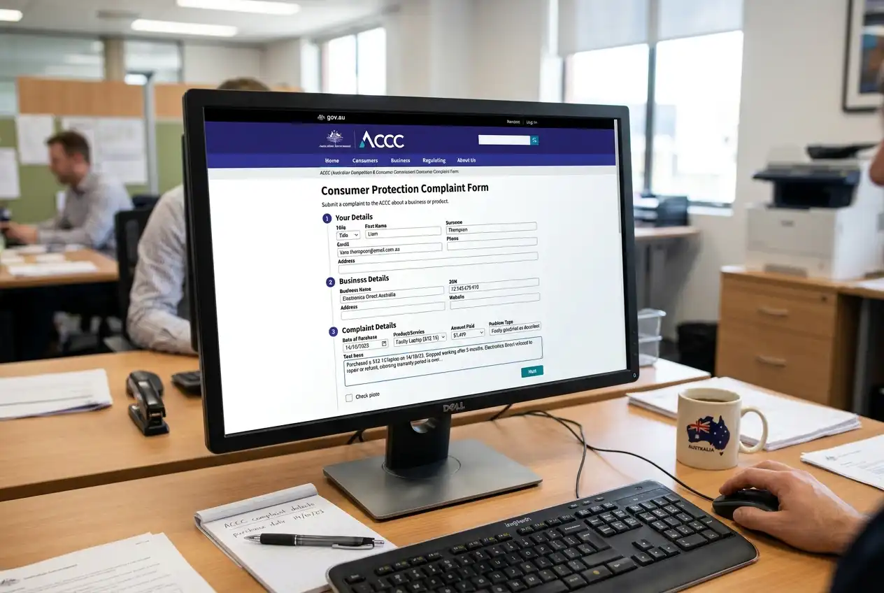 Australian consumer protection reporting form open on a desktop computer screen