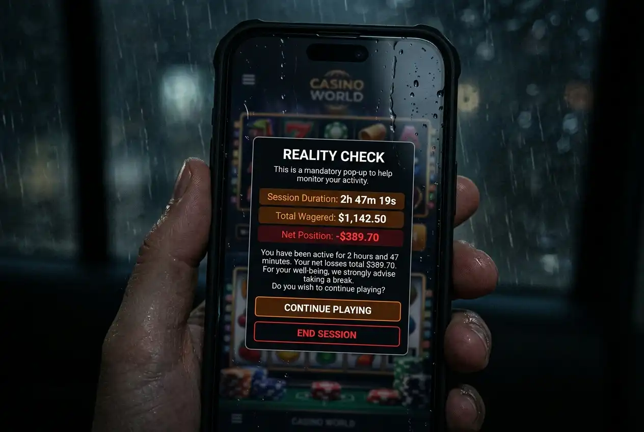 Casino pop-up reality check notification showing session duration and spending amount