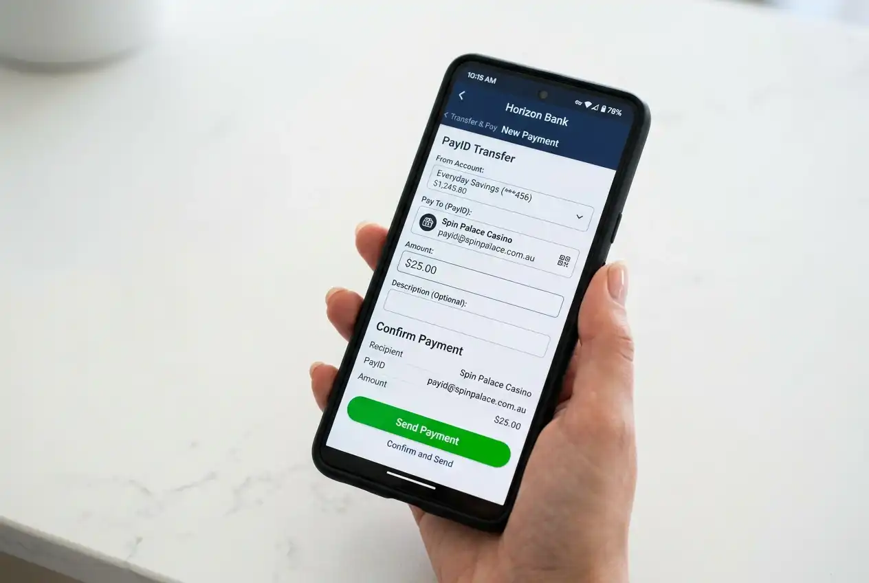 Australian banking app showing a ten dollar PayID transfer to a casino account