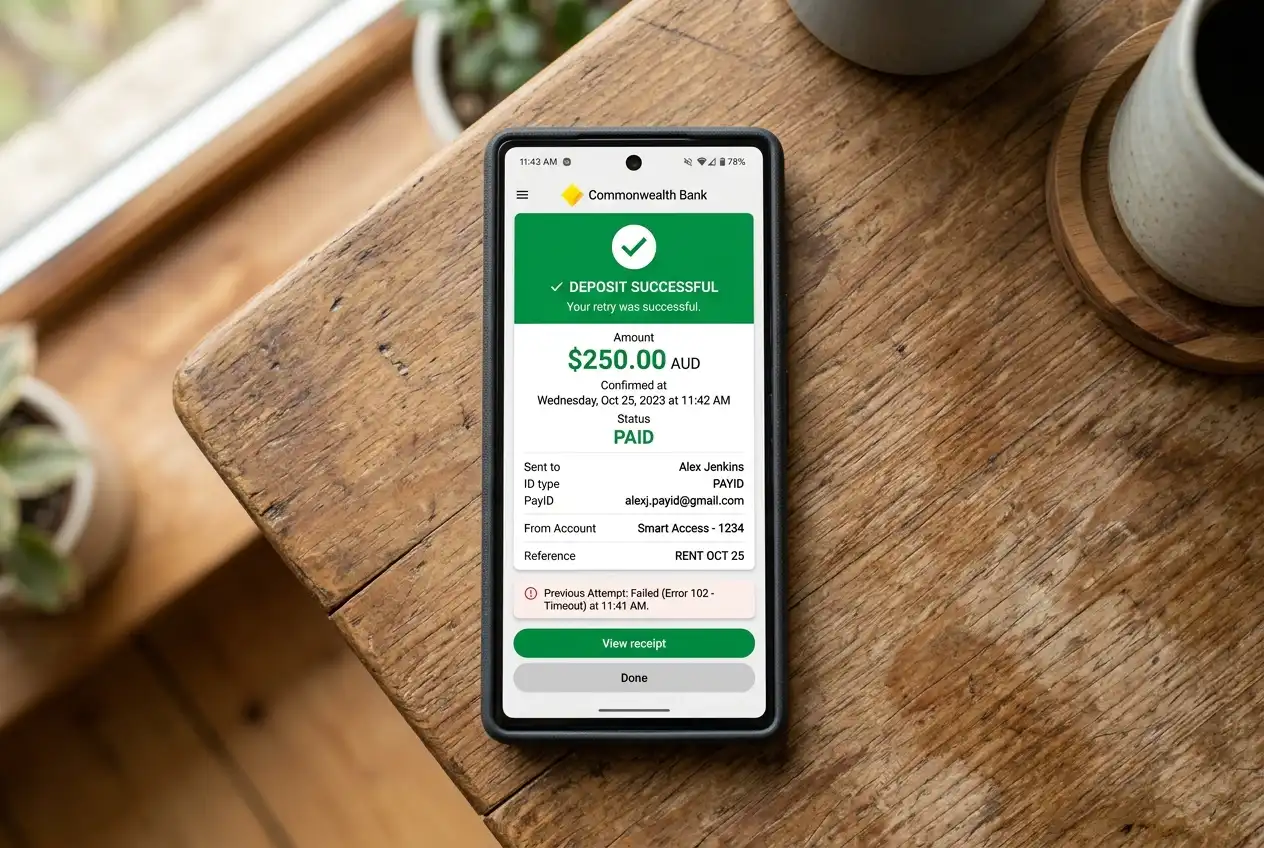 Successful PayID deposit confirmation after resolving a previous failed payment attempt