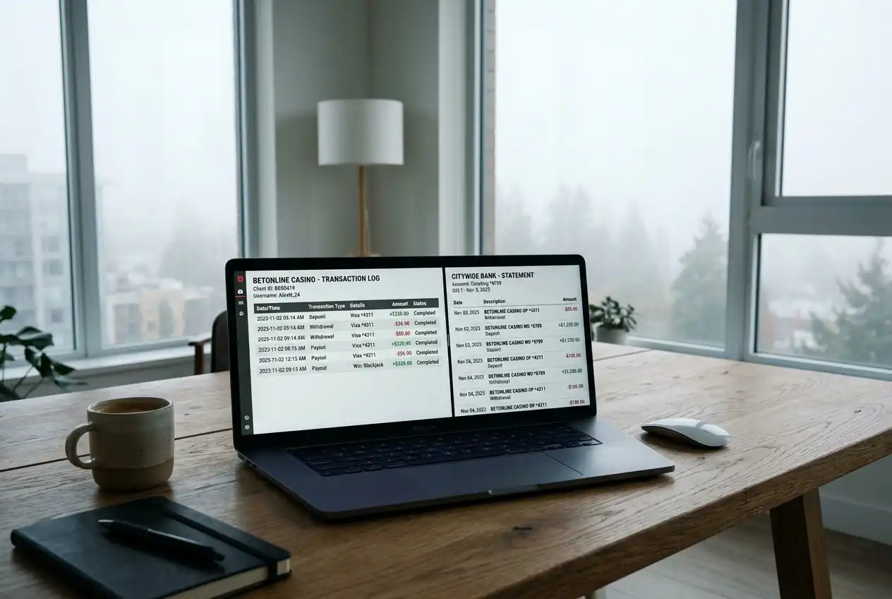 Split screen showing casino account history matched against corresponding bank statement entries