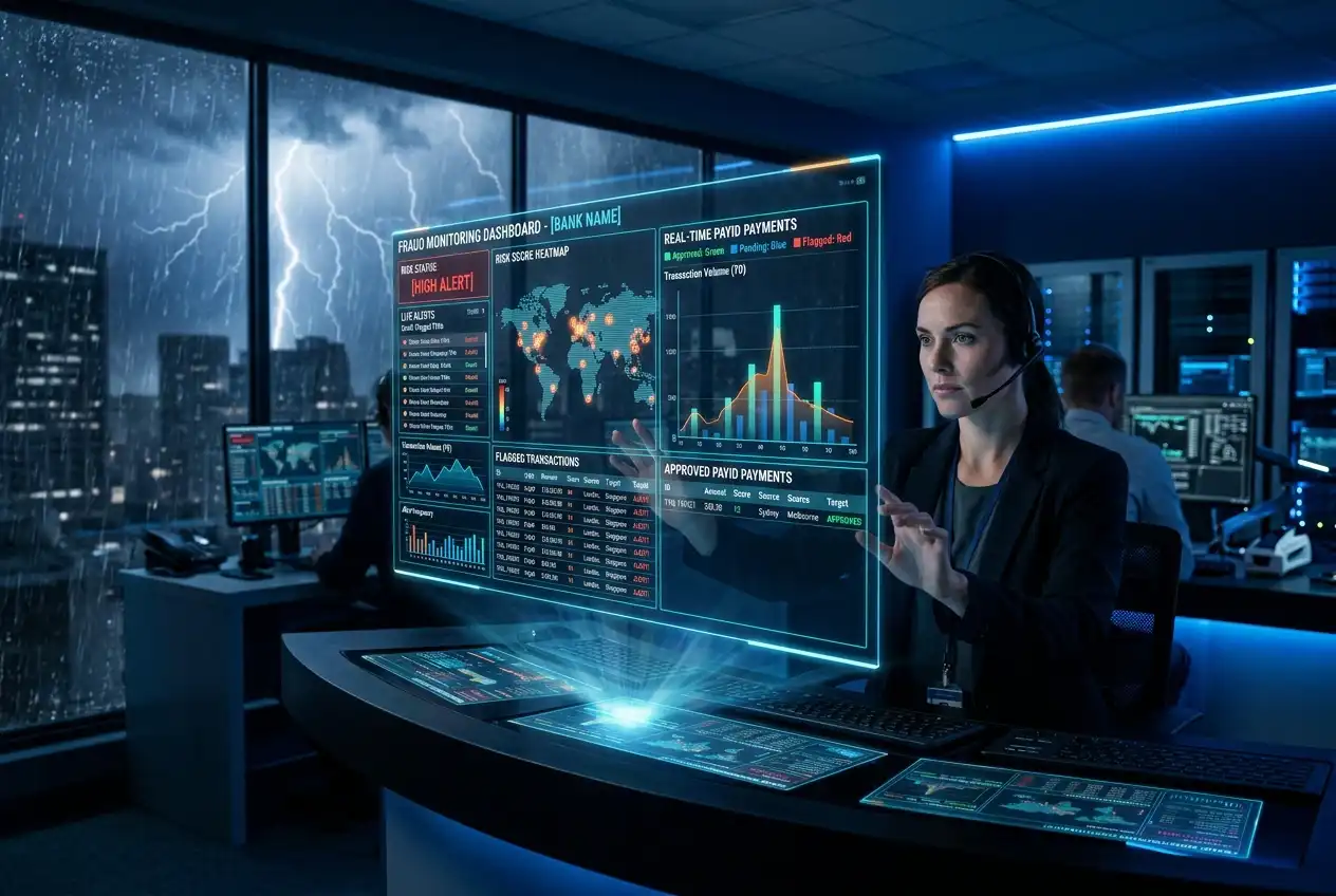 Bank fraud monitoring dashboard showing flagged and approved real-time transactions