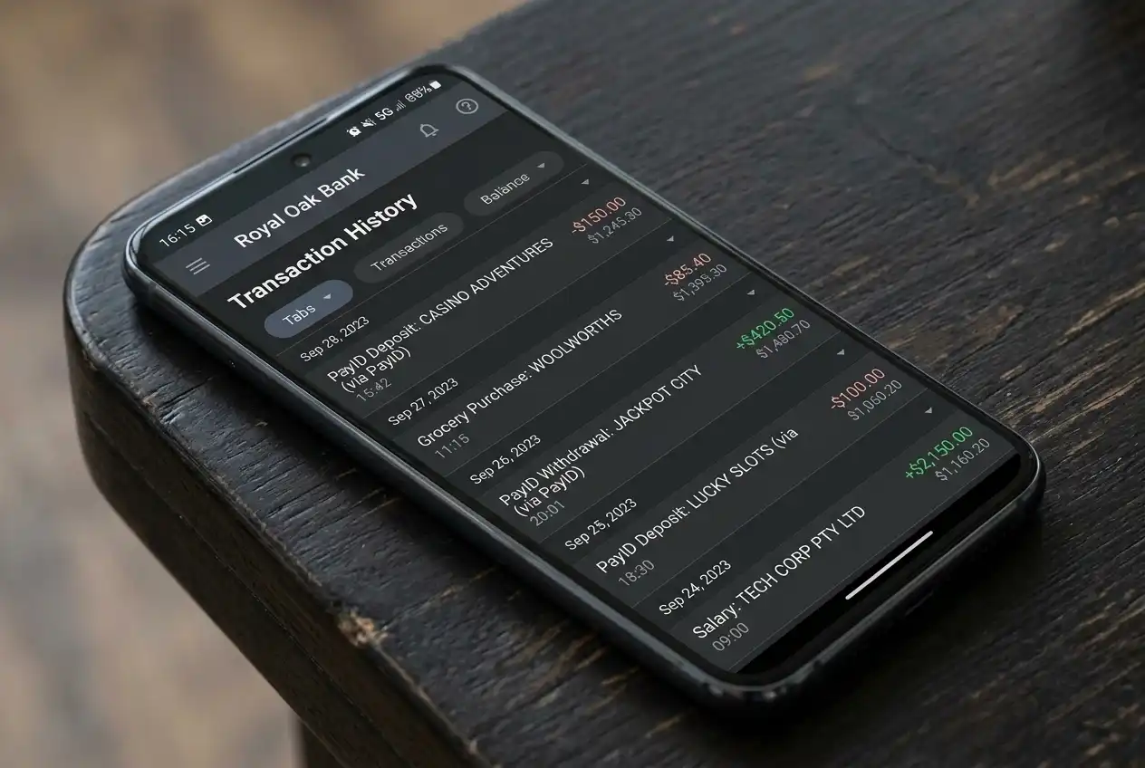 Banking app transaction history showing organised PayID casino deposit and withdrawal records