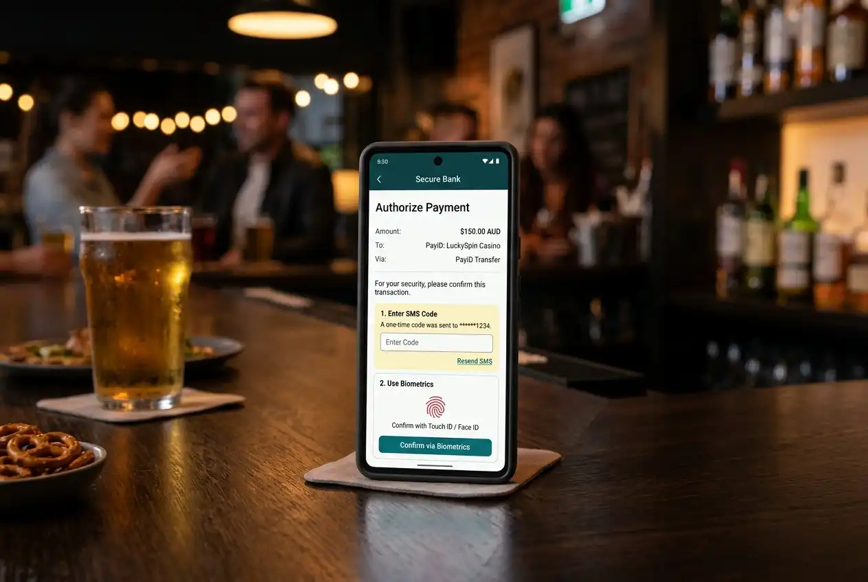 Banking app two-factor authentication prompt during a PayID casino deposit authorisation
