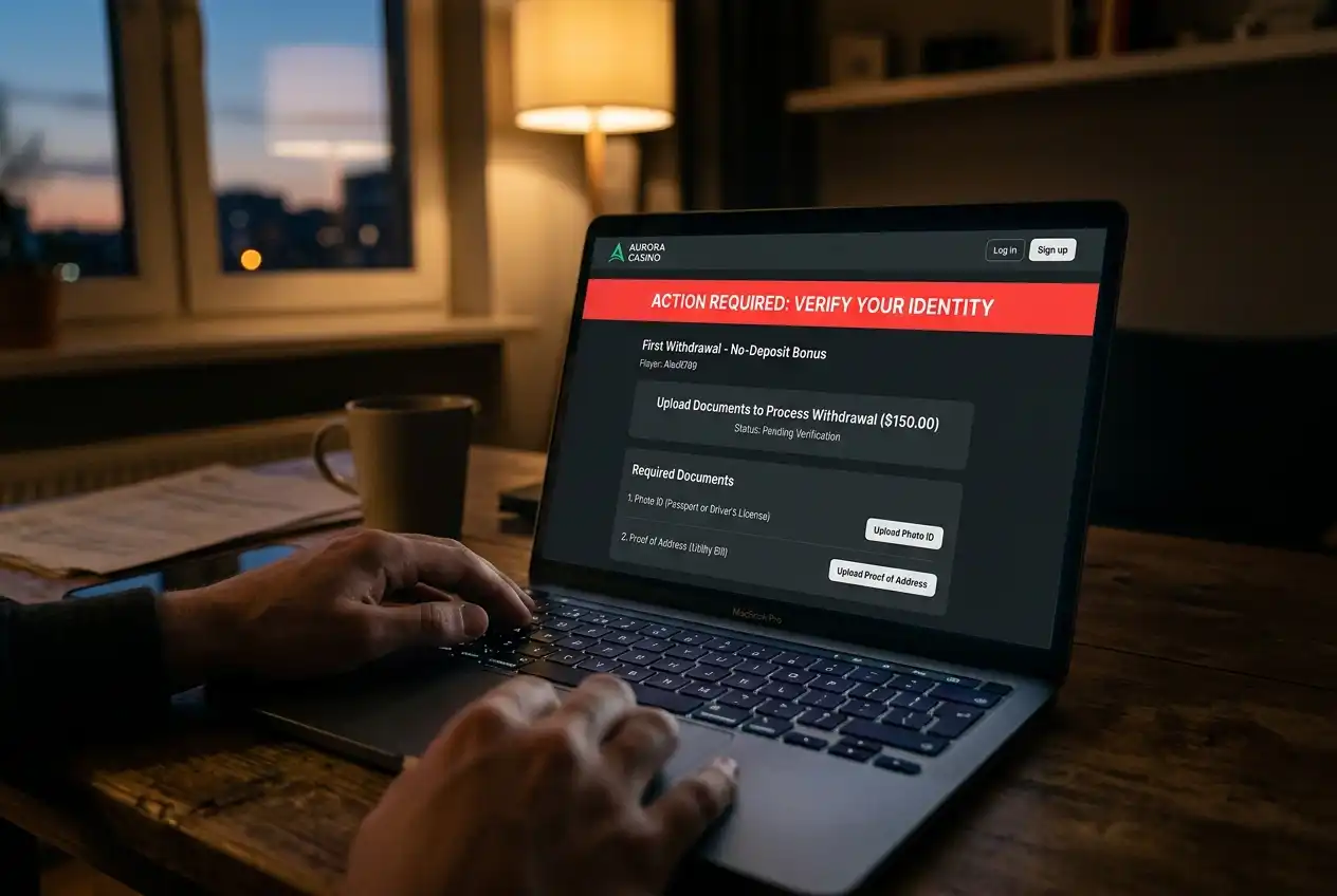 Casino verification prompt appearing when a no-deposit bonus player requests withdrawal