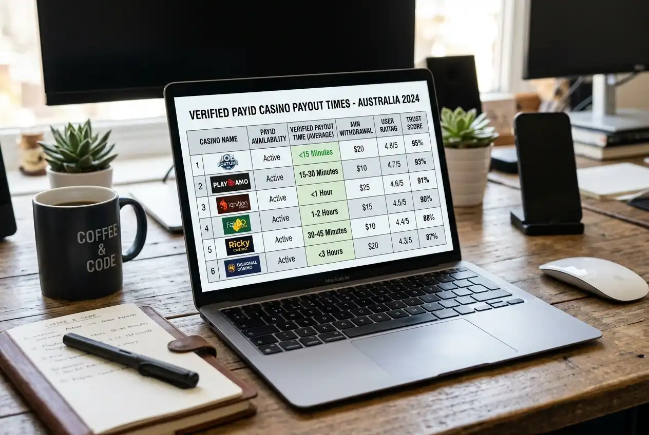 Casino comparison table on a laptop showing verified same-day PayID payout records