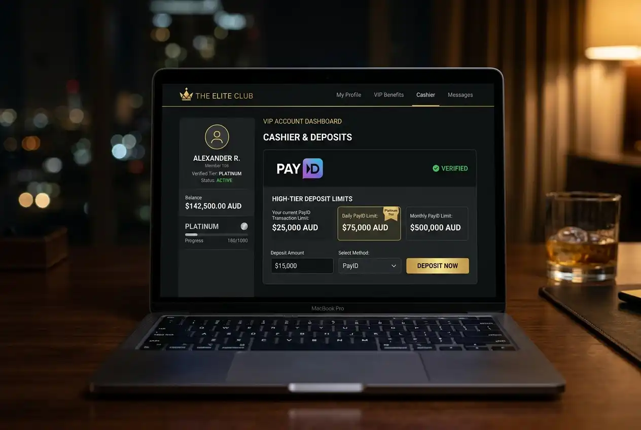 Casino VIP account page showing elevated PayID deposit limits for verified players