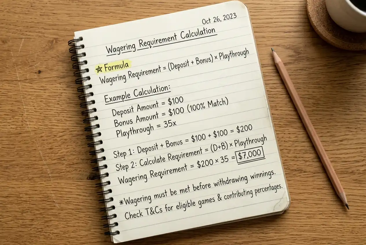Handwritten wagering requirement calculation showing deposit plus bonus multiplied by playthrough
