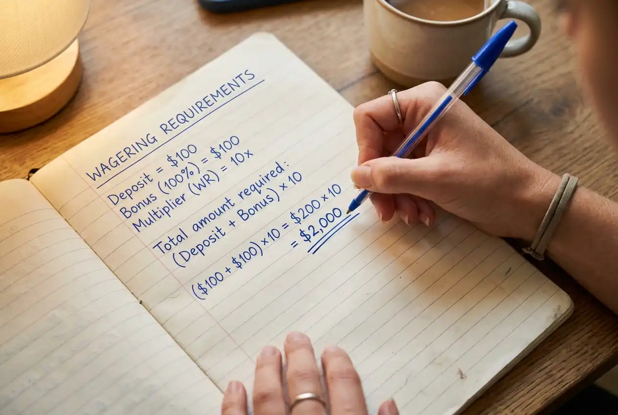 Person working through wagering requirement maths on paper with a pen