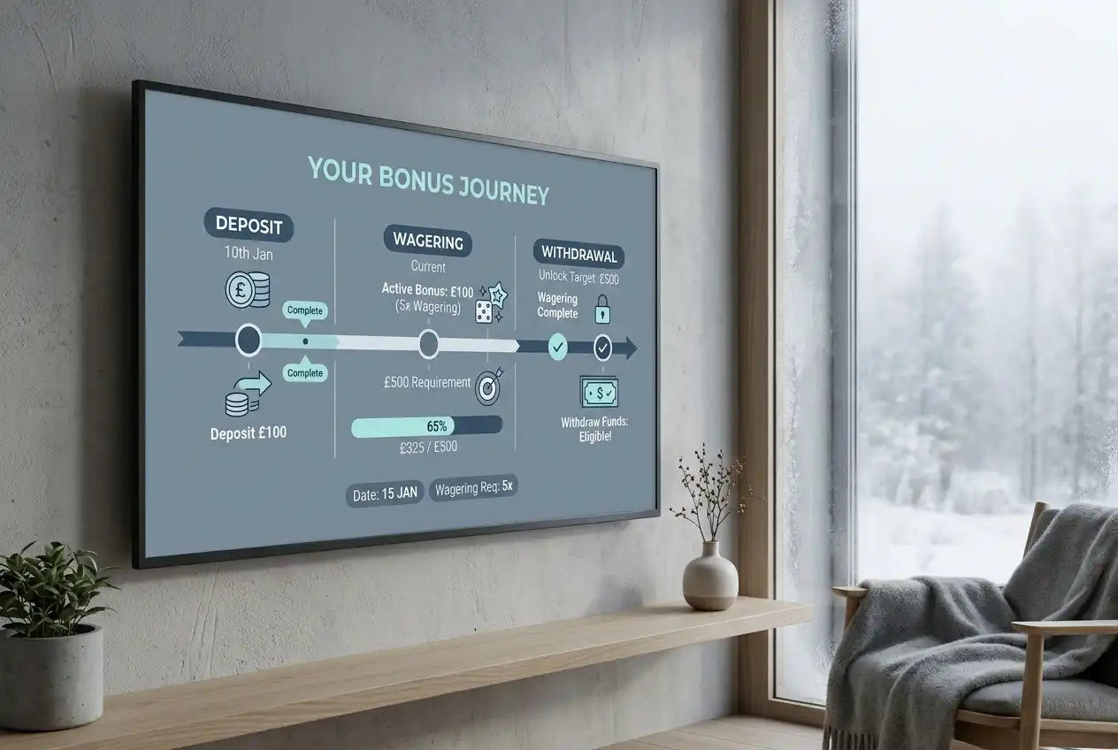Timeline illustration showing bonus wagering progression from claim to eligible withdrawal