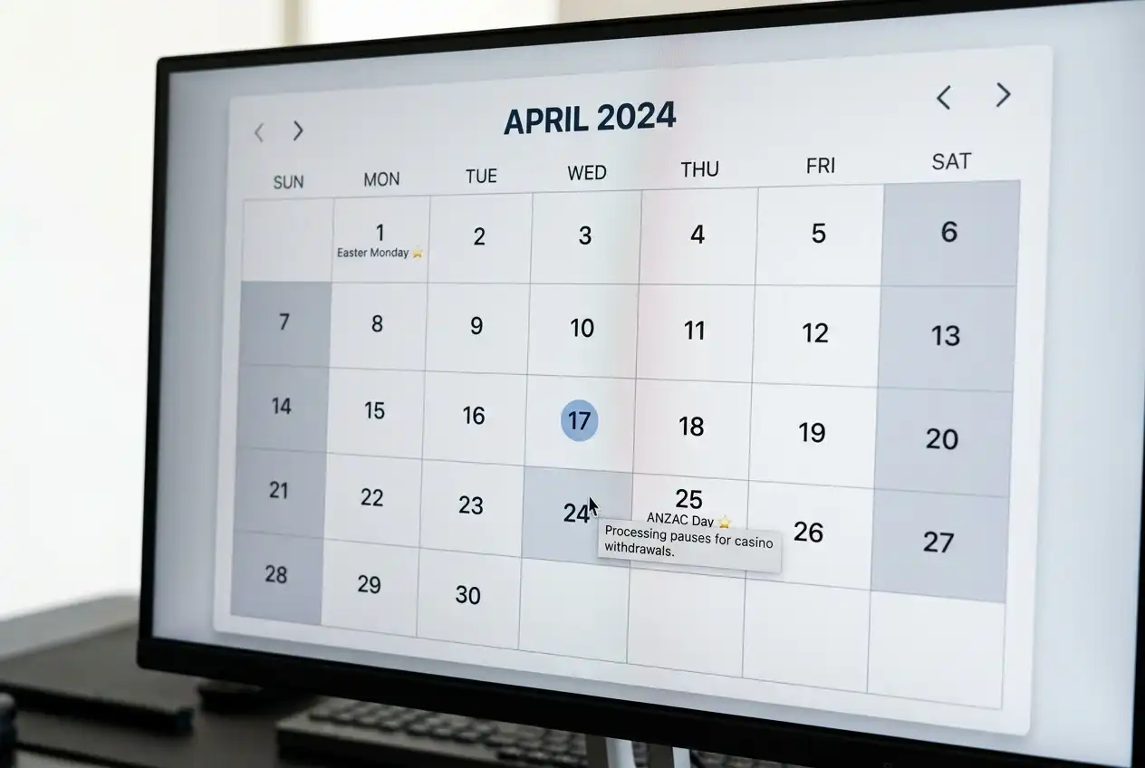 Calendar view highlighting weekend and public holiday processing pauses for casino payouts