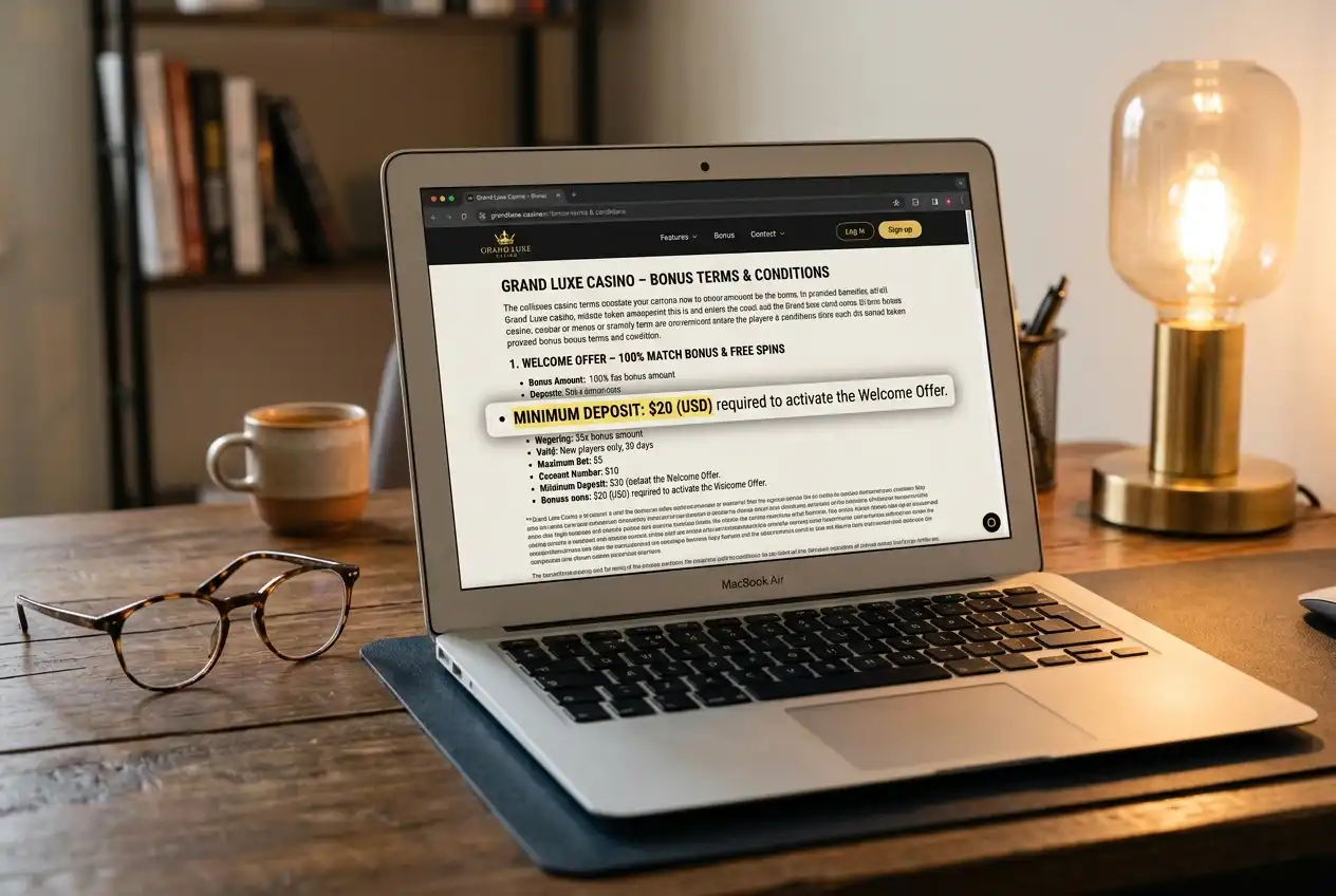 Casino bonus terms page showing minimum deposit required for welcome offer