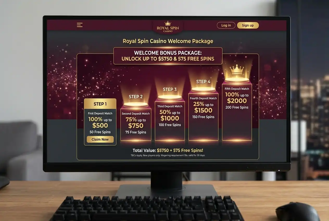 Online casino homepage showcasing a welcome bonus package with deposit match details