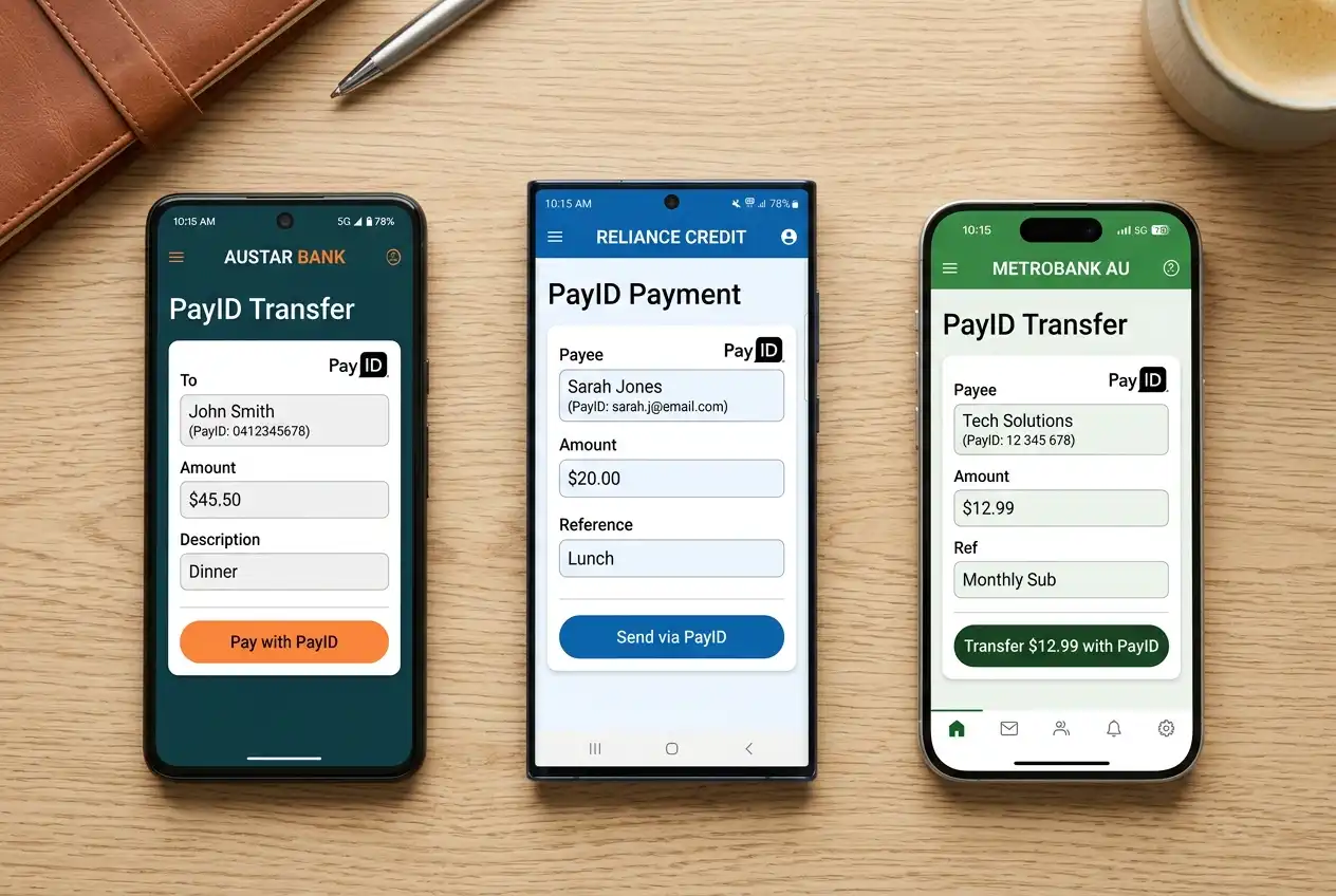 Three Australian banking apps open side by side on tablet screens
