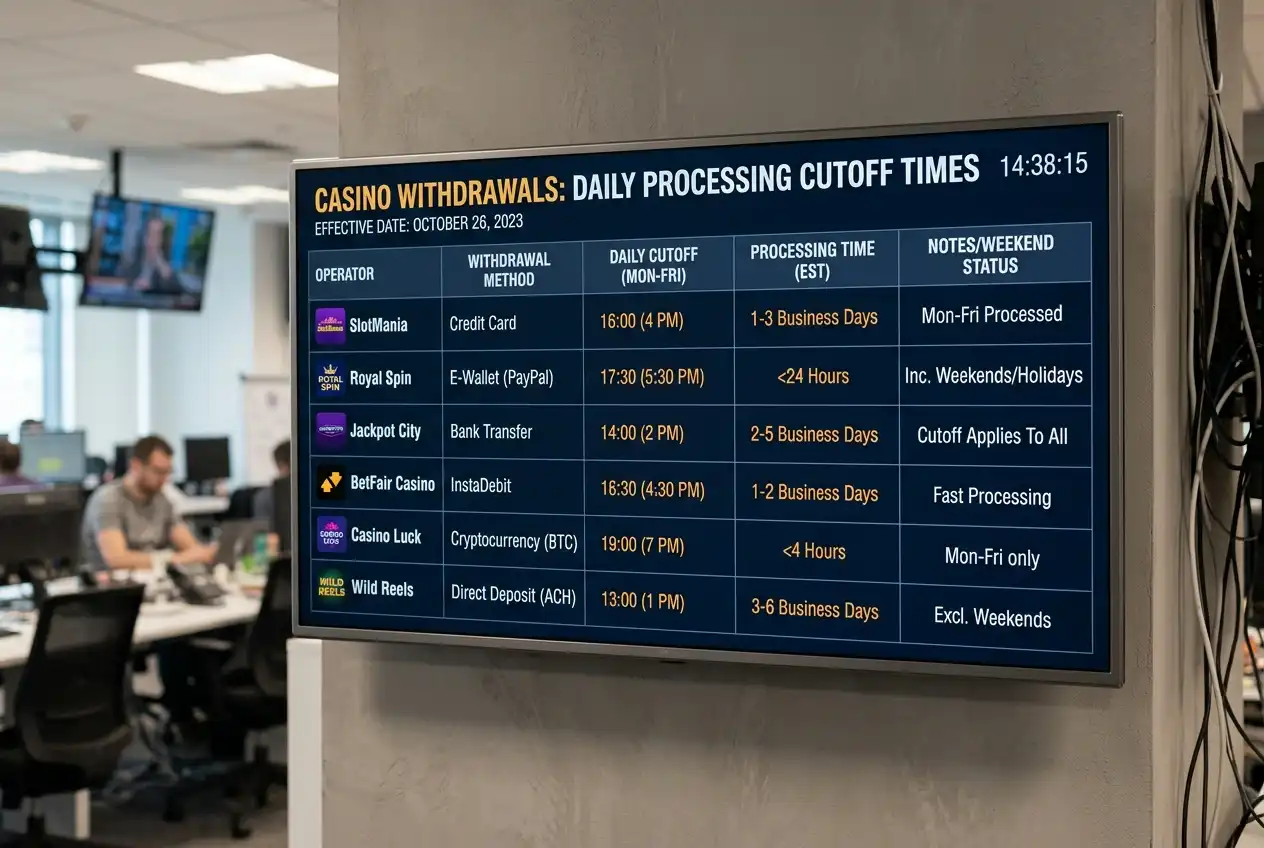 Digital schedule showing daily processing cutoff times for casino withdrawals