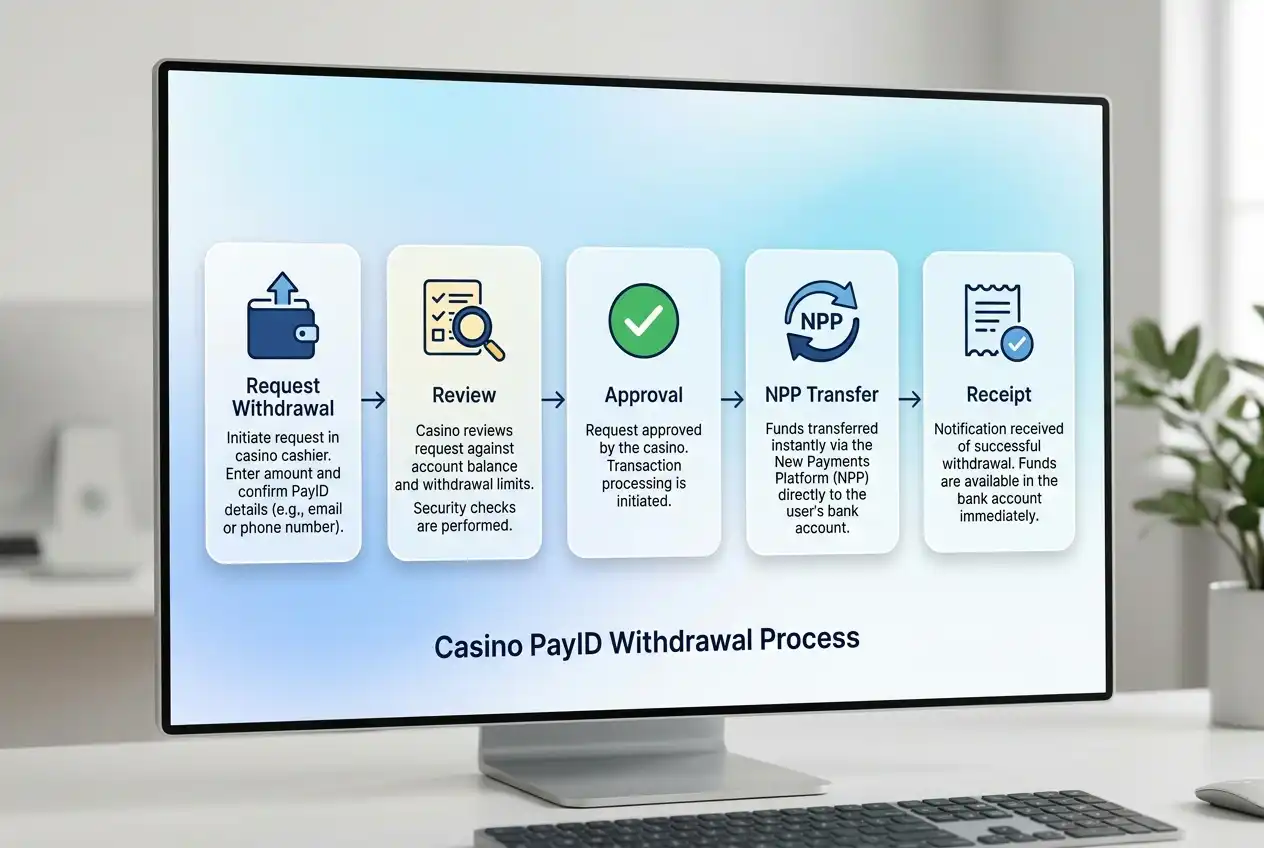 Step-by-step diagram showing stages from withdrawal request to bank account receipt